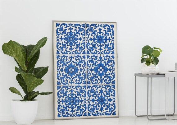 Blue Portuguese Azulejo Tiles Floral Pattern Vintage Wall Poster