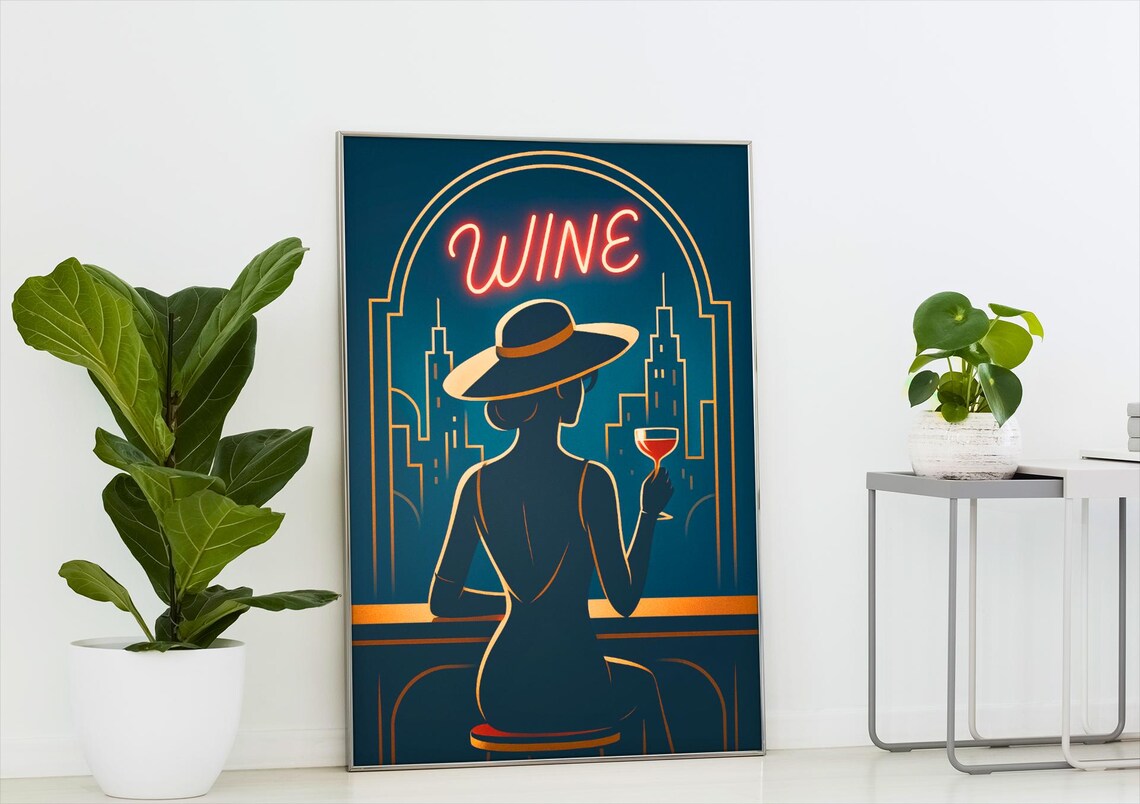 Neon Wine Art Deco Woman Bar Night Teal Modern Cocktail Poster