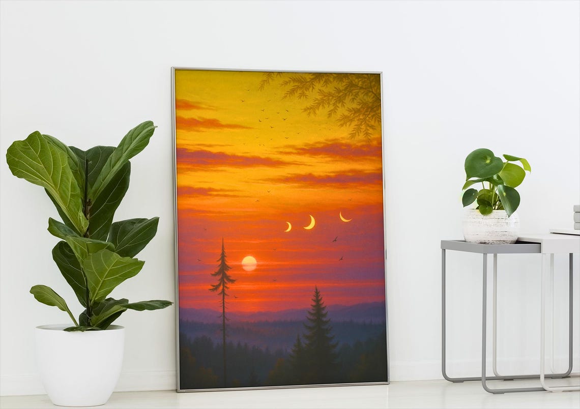 Sunset Moon Phases Art Print Abstract Landscape Nature Decor