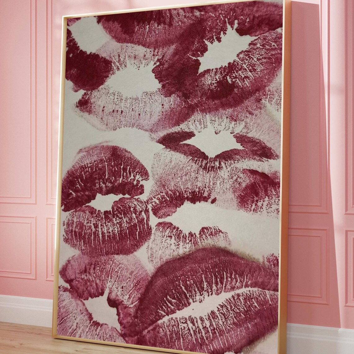 Berry Red Lipstick Kiss Marks Retro Glam Pink Bedroom Poster