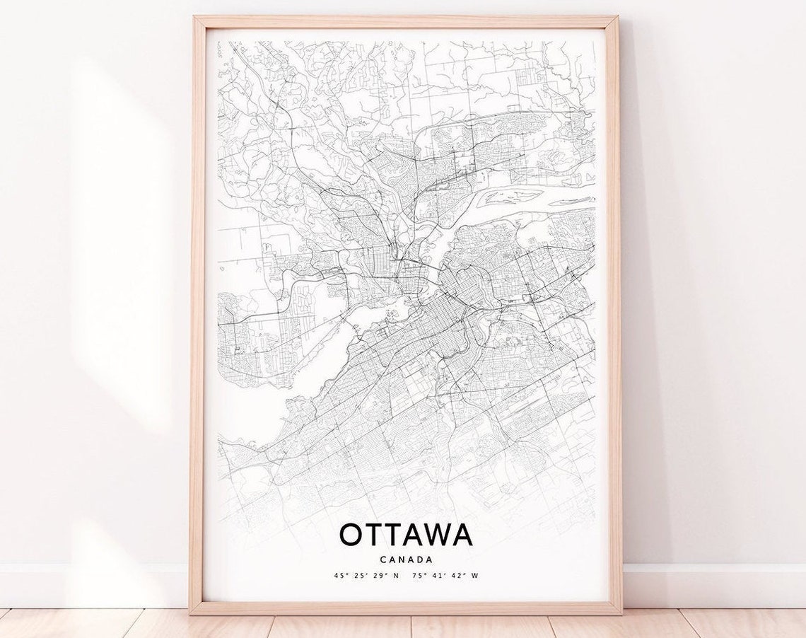 Ottawa Map Print Canada Art Poster City Street Road Black White Modern Wall Home Office Decor