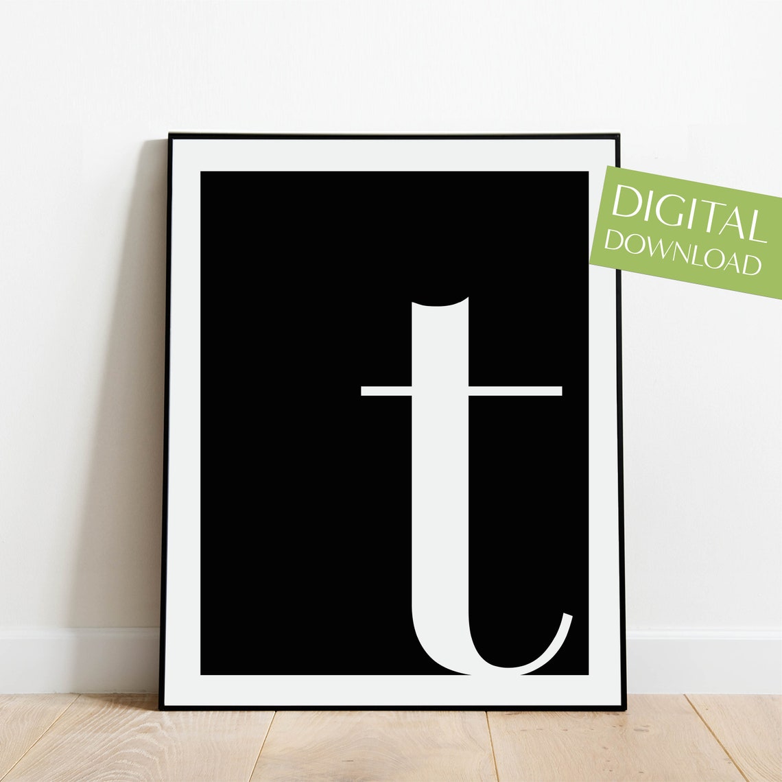 Lowercase Letter T Monogram Poster White on Black Modern Decor - Image 4
