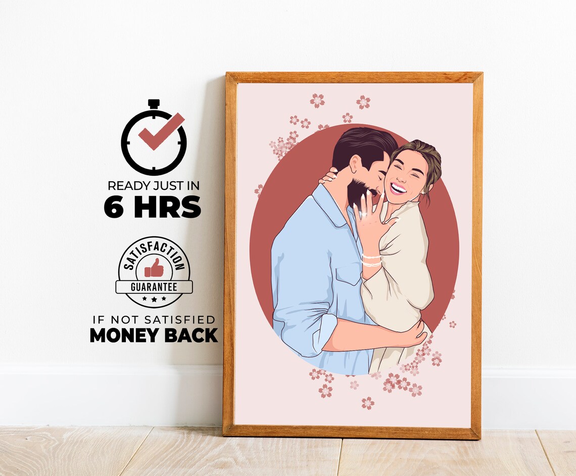 Kissing Couple Engagement Ring Terracotta Floral Illustration Poster