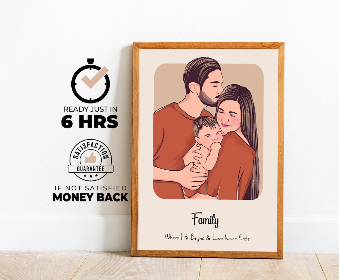 Family of Three Custom Portrait Love Never Ends Quote Poster