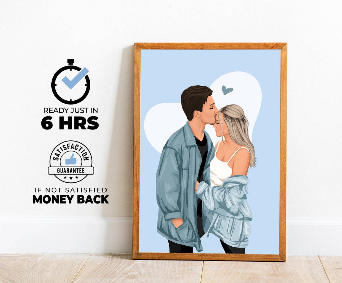 Couple Forehead Kiss Denim Jackets Blue Heart Portrait Poster