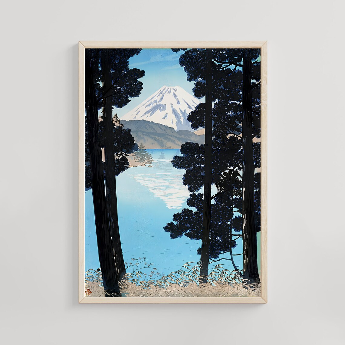 Mount Fuji Across Lake Framed by Tall Pines Woodblock Poster