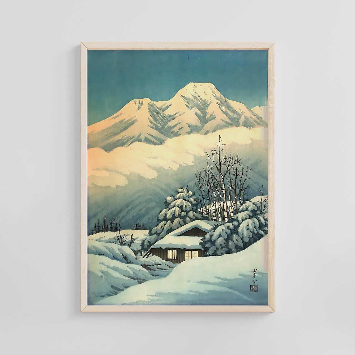 Snow Capped Mount Myokozan at Dawn Above Clouds Woodblock Poster