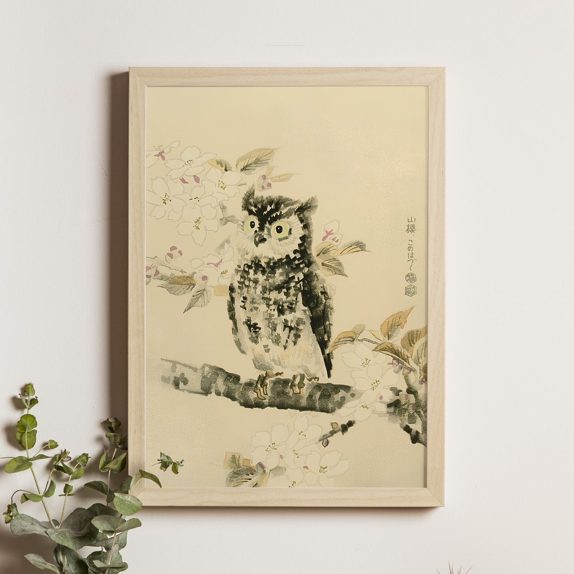 Owl Among White Cherry Blossoms Japanese Bird Woodblock Poster