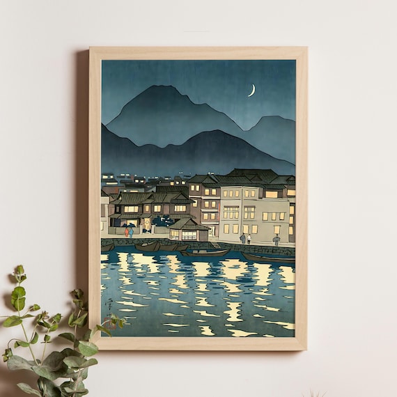 Okumura Koichi 1950 Night View Of Beppu Moonlit Harbor Japanese Poster
