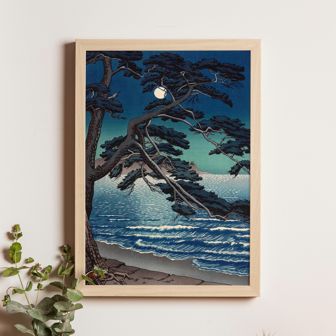 Kawase Hasui Moon at Enoshima Pine Tree Ocean Night Woodblock Poster