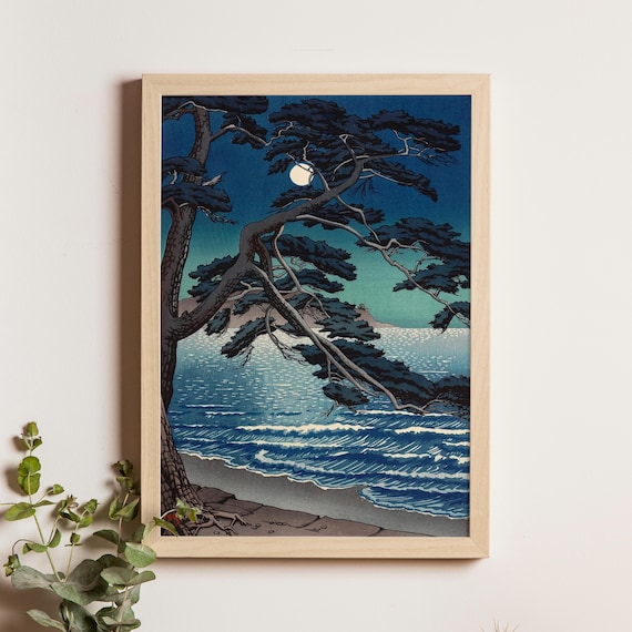 Kawase Hasui Moon at Enoshima Pine Tree Ocean Night Woodblock Poster