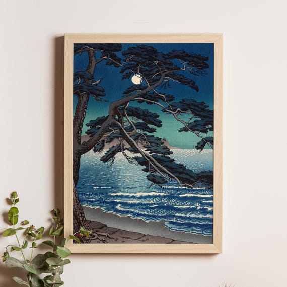 Moon At Enoshima Kawase Hasui 1933 Japanese Woodblock Print Night Landscape Art Moonlight Coastal Scene Shinhanga Decor