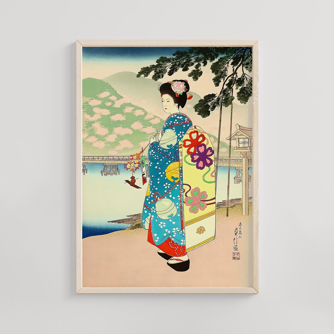 Spring Maiko in Blue Floral Kimono by the Lake Woodblock Poster
