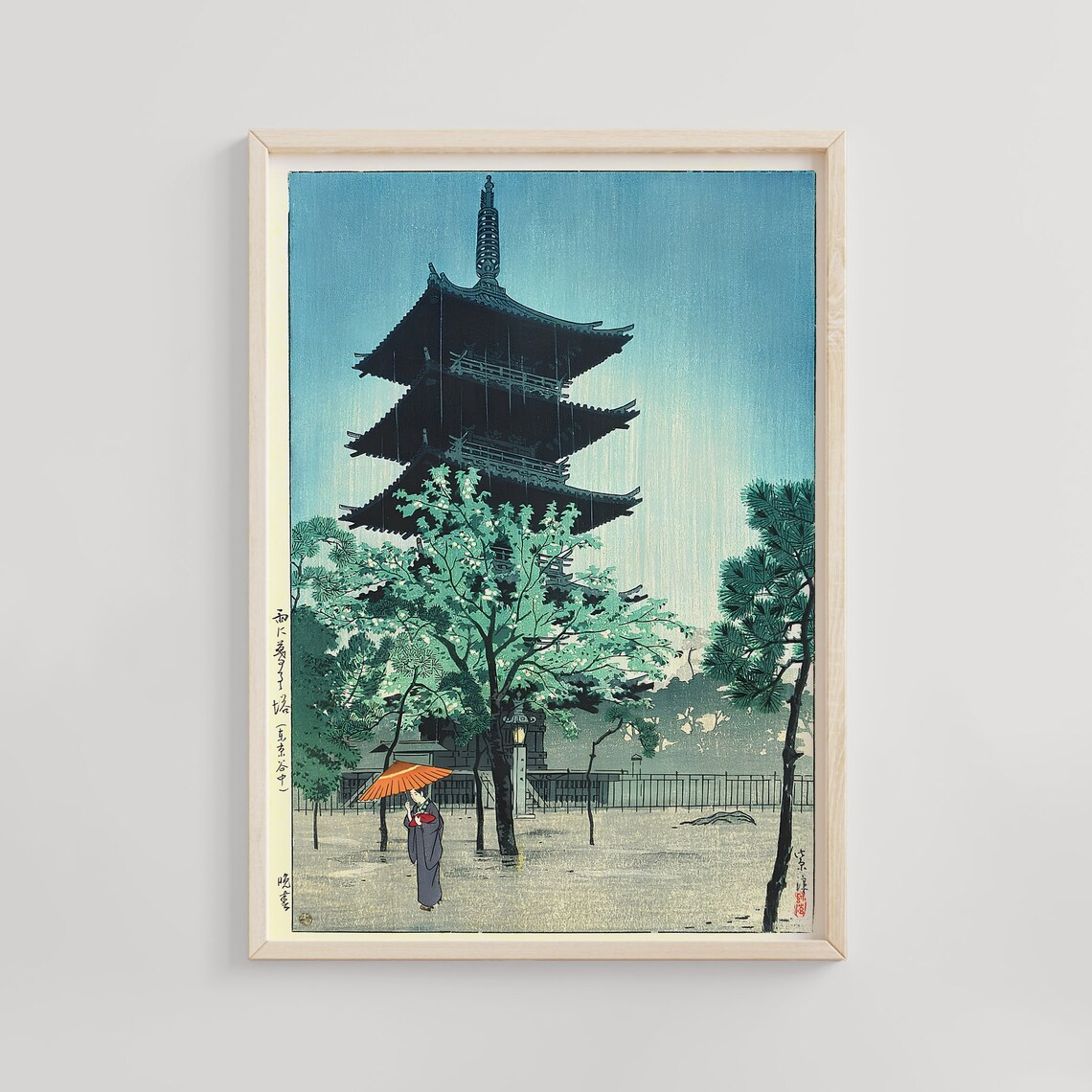 Five Story Pagoda in Rain Red Umbrella Figure Woodblock Poster