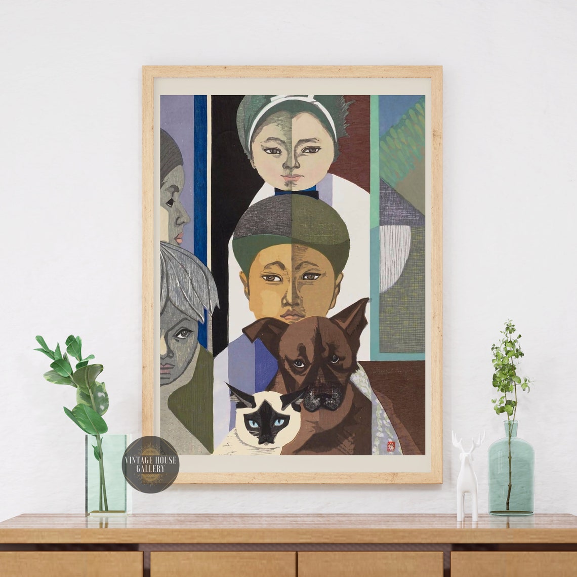 Modernist Abstract Faces With Dog And Cat Collage Art Poster