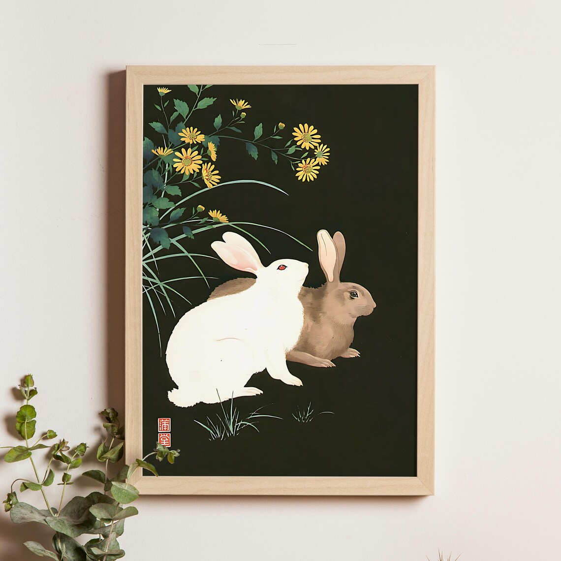 Nishimura Hodo Two Rabbits Among Chrysanthemums Vintage Poster Art