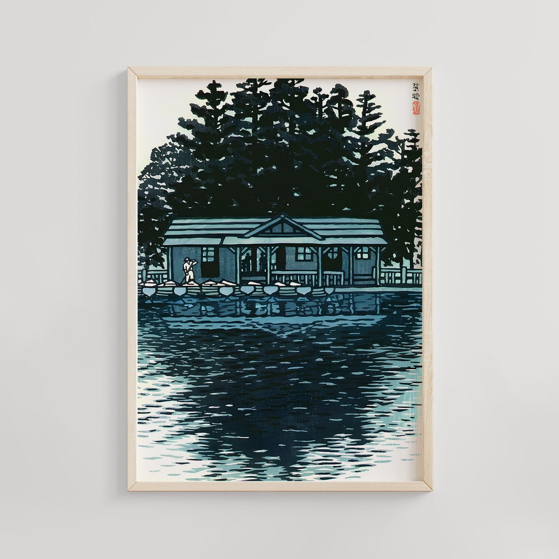 Lakeside Boathouse Tall Pines Night Reflection Woodblock Poster