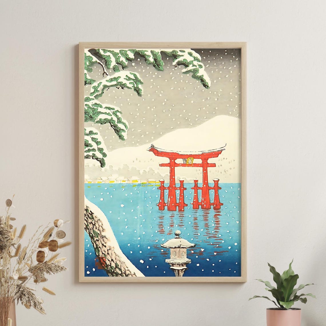 Miyajima Floating Torii in Falling Snow Blue Sea Woodblock Poster
