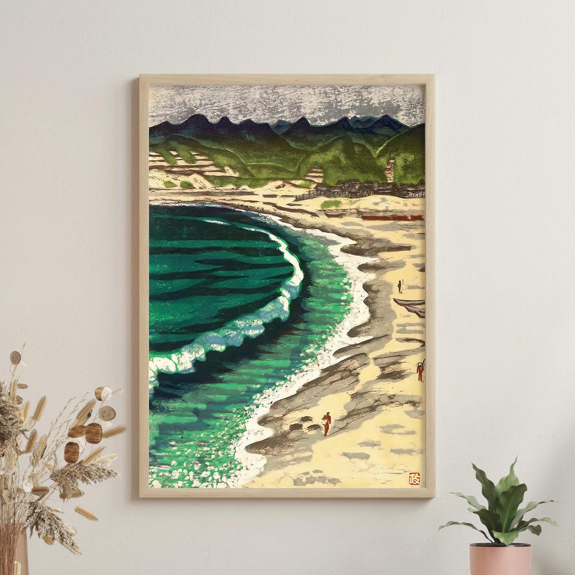 Turquoise Wave Curved Sandy Beach Dark Hills Woodblock Poster
