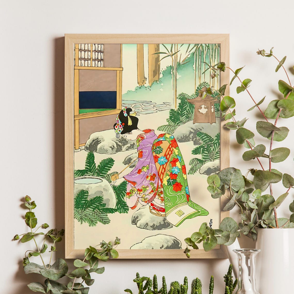 Maiko at Stone Garden Basin Bamboo Garden Sadanobu Art Poster