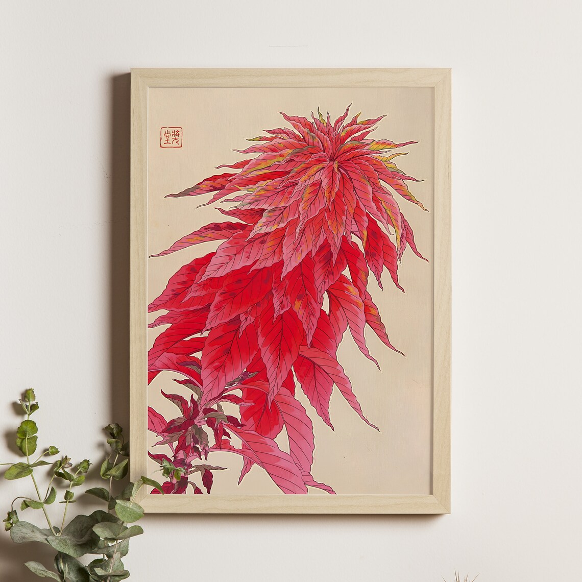 Crimson Amaranth Leaves Japanese Woodblock Botanical Art Poster