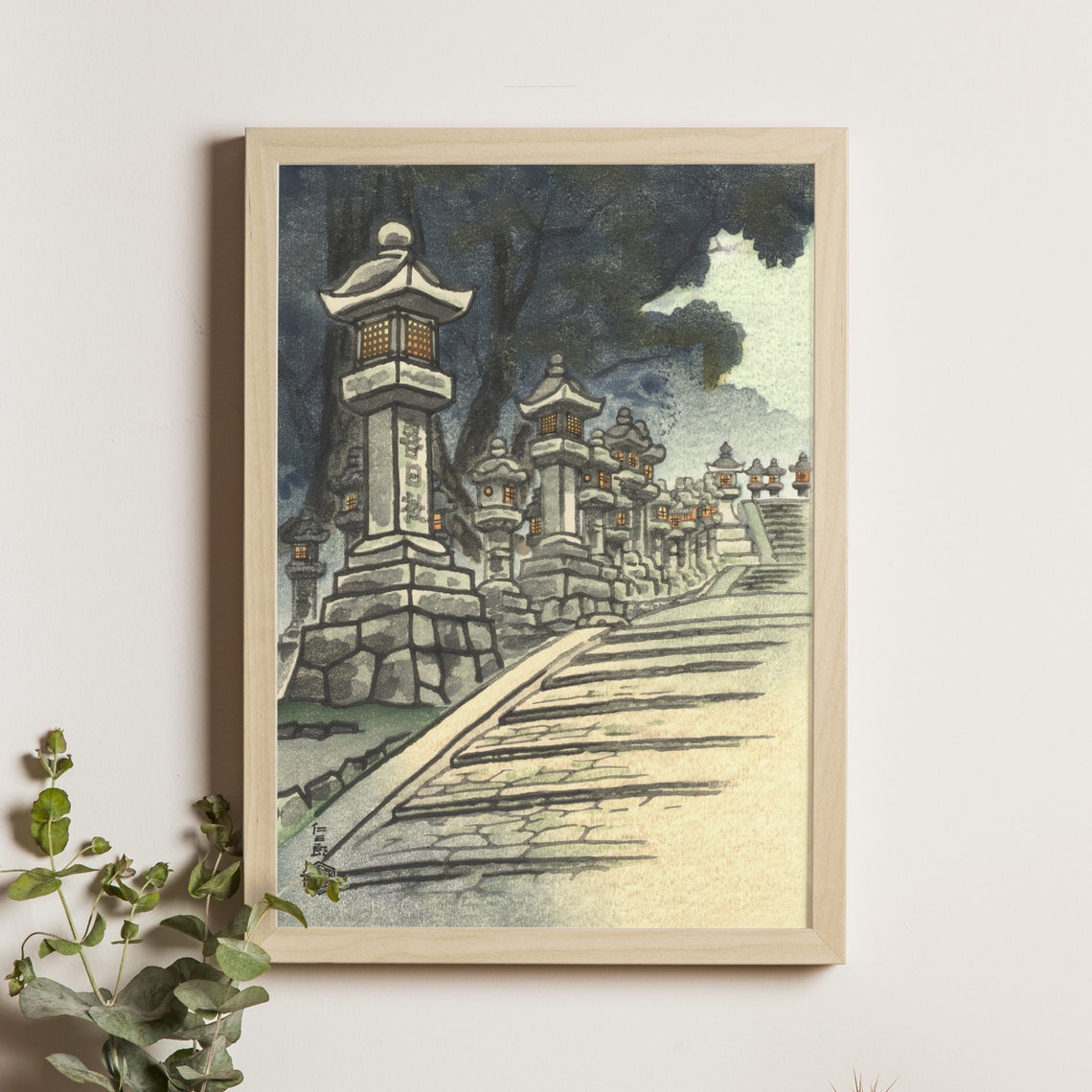 Kasuga Shrine Stone Lanterns Glowing at Dusk Steps Woodblock Poster