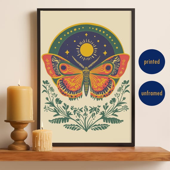 Mystical Moth Art Print Colorful Boho Insect Retro Gallery Wall
