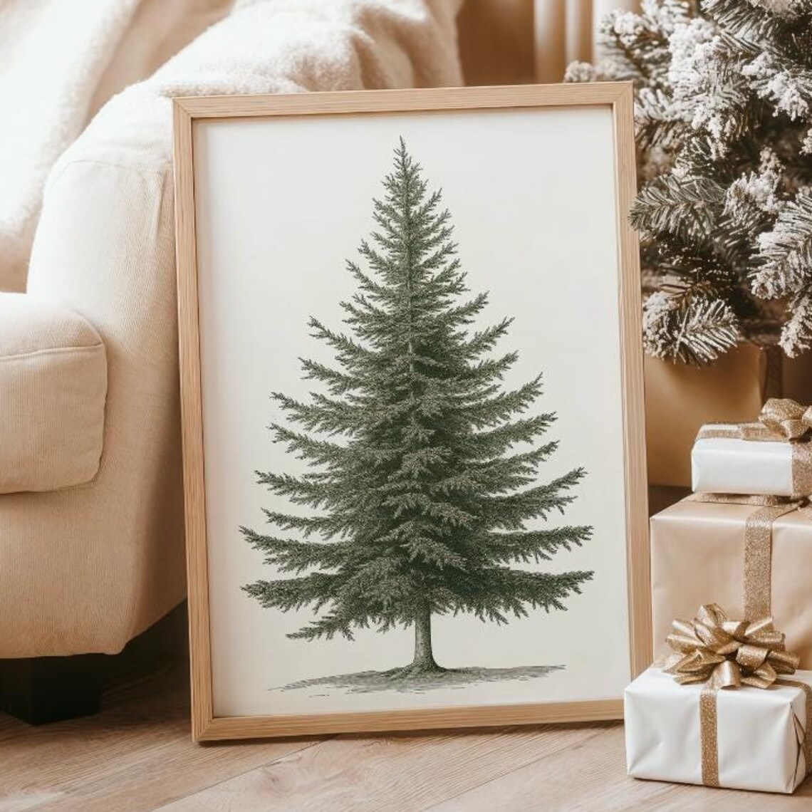 Lone Evergreen Fir Tree Minimal Botanical Study Neutral Holiday Poster
