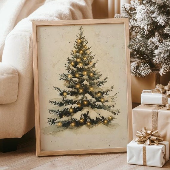 Vintage Evergreen Christmas Tree Art Print Antique Holiday Decor Moody Winter Wall Art Natural Seasonal Xmas Tree Painting
