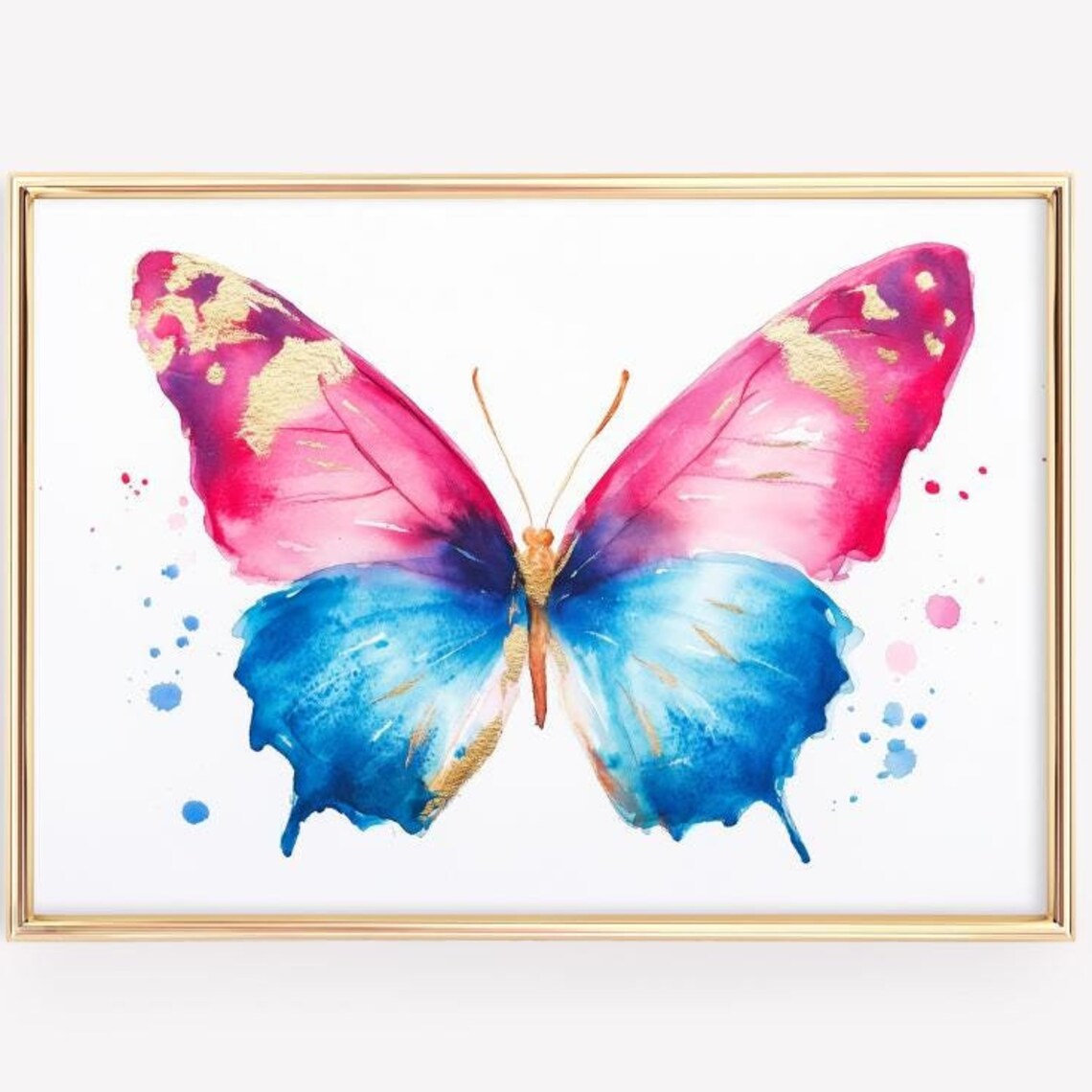 Vibrant Butterfly Watercolor Pink Blue Gold Splash Art Poster