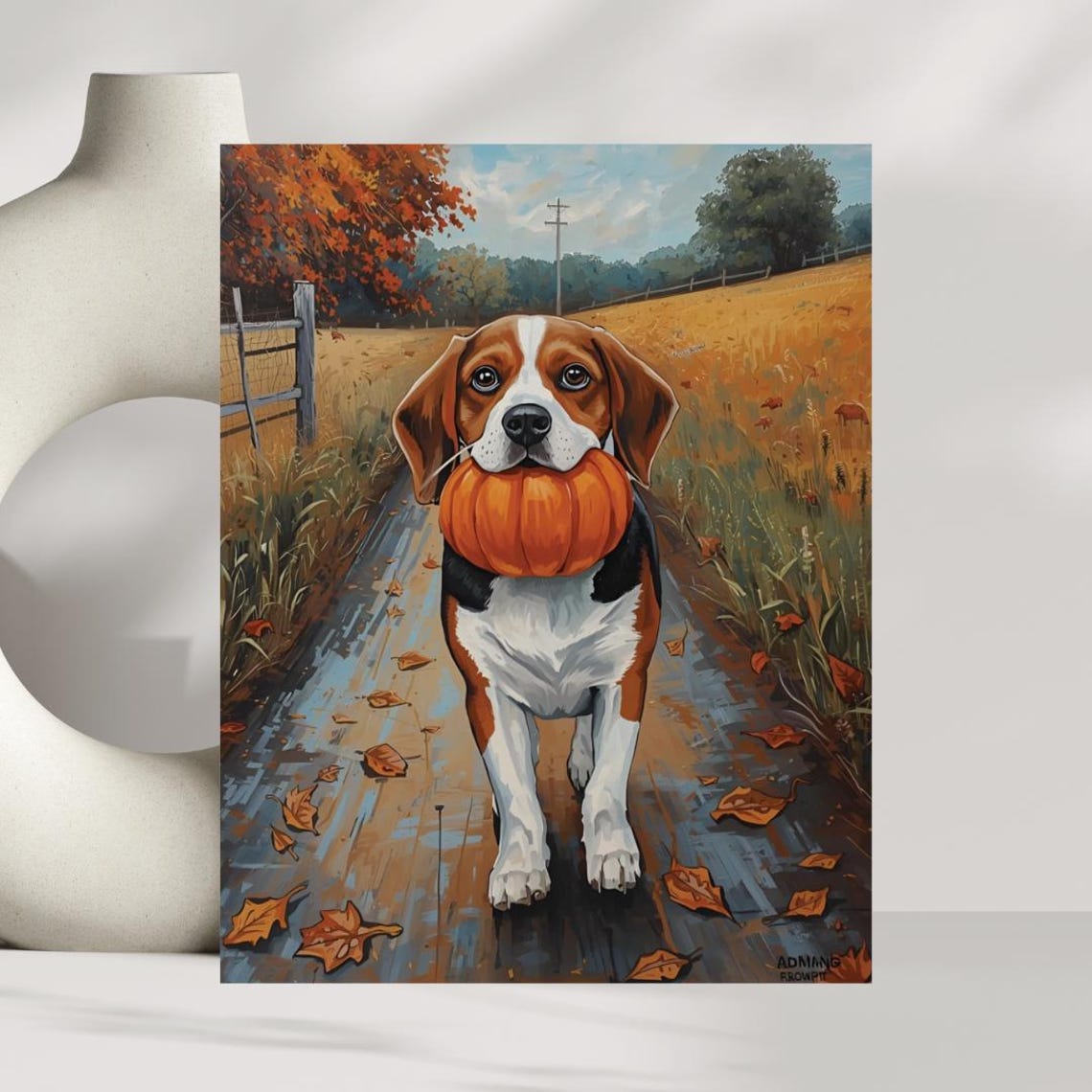 Beagle Stealing Pumpkin Art Print Autumn Home Decor