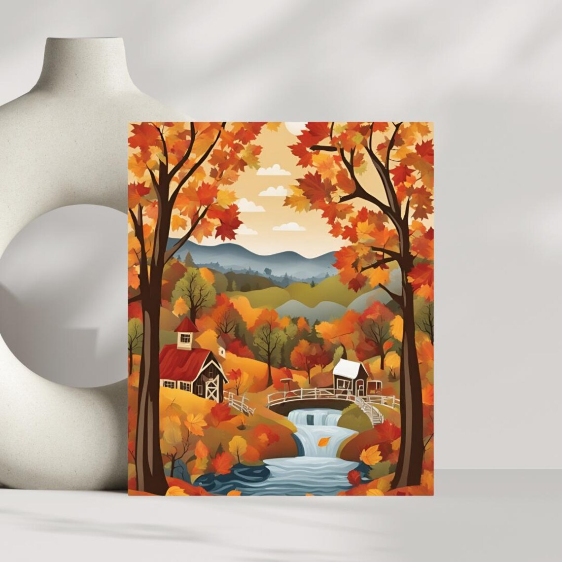 Fall Folk Art Print, Autumn Landscape Home Decor