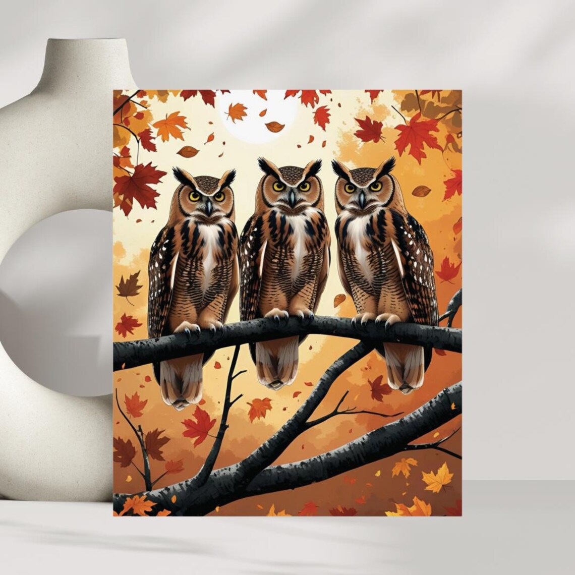 Great Horned Owls Autumn Branch Warm Maple Leaf Forest Poster