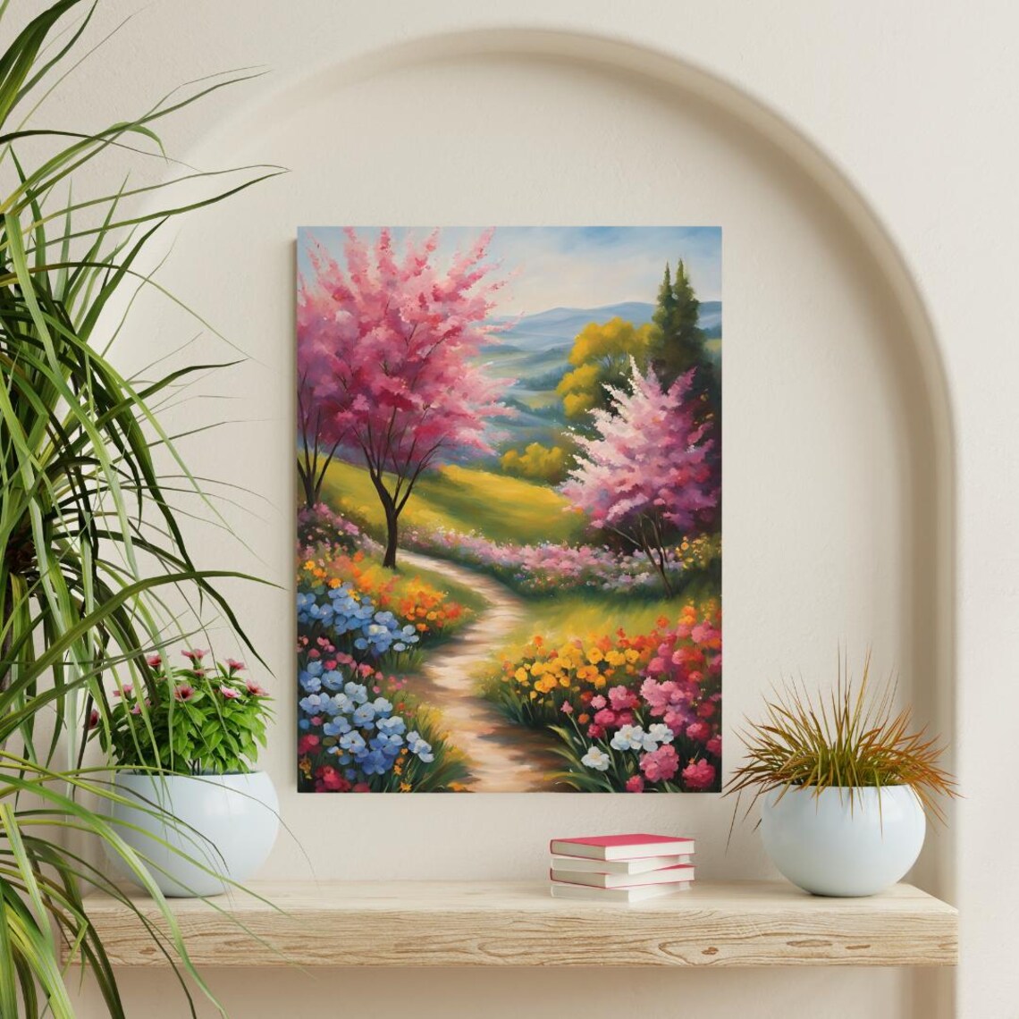Spring Garden Path Pink Blossom Trees Flower Meadow Painting Poster