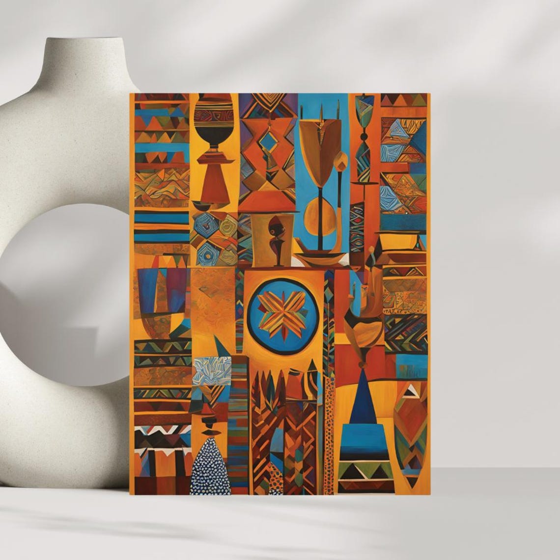 African Abstract Bold Geometric Tribal Figures Orange Art Poster