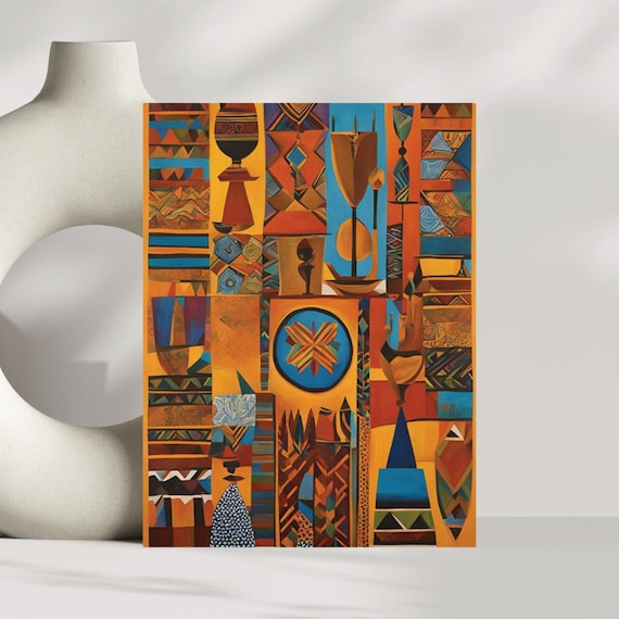 African Abstract Bold Geometric Tribal Figures Orange Art Poster
