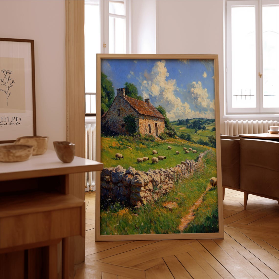Stone Farmhouse Sheep Pasture Countryside Impressionist Art Poster