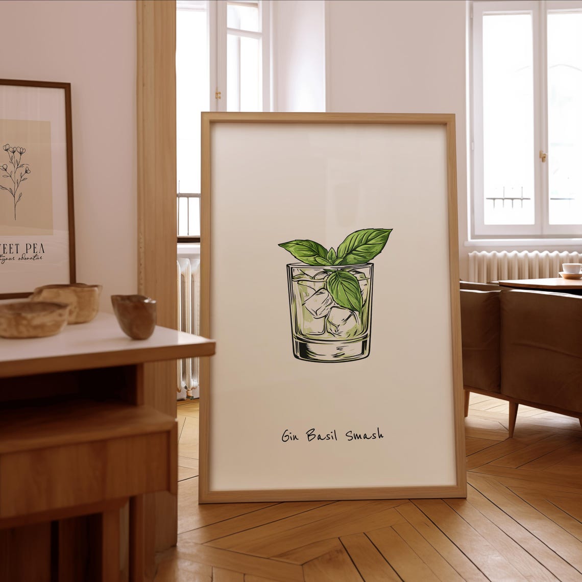 Gin Basil Smash Cocktail Illustration with Ice Bar Cart Art Poster