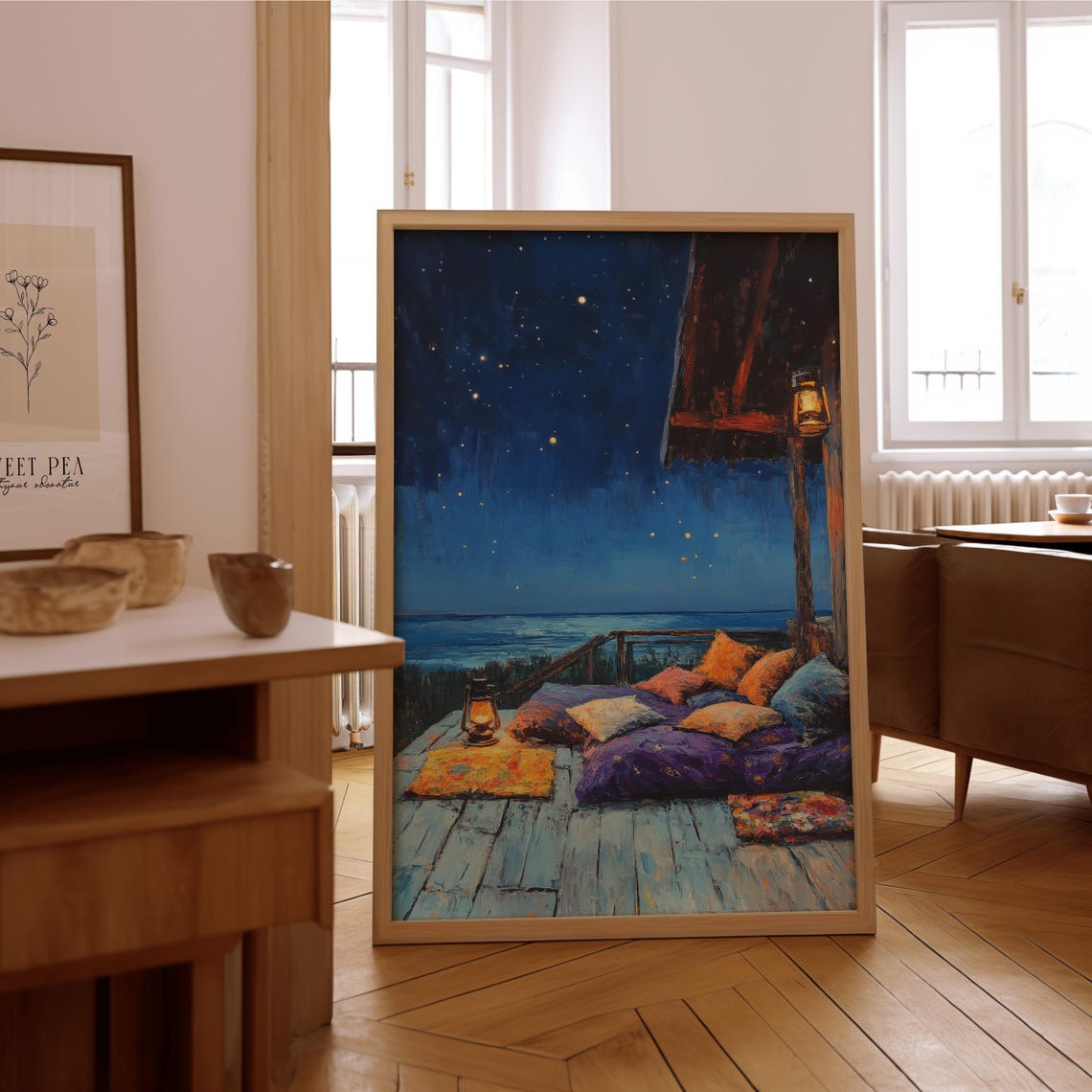Starry Night Ocean Terrace Lantern View Impressionist Wall Art