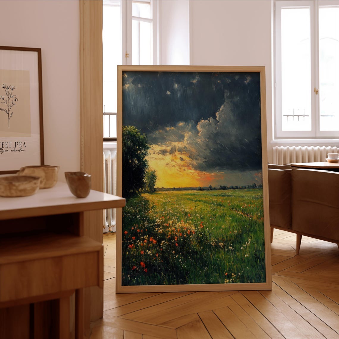 Storm Clouds Over Wildflower Meadow Dramatic Sky Oil Art Poster