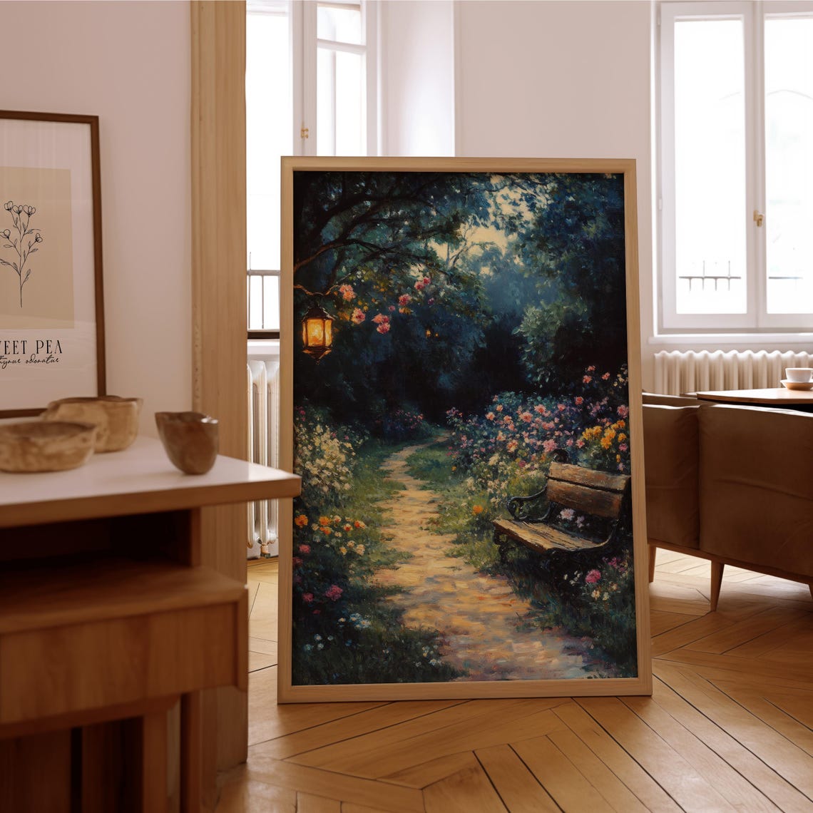 Moonlit Garden Path Lantern Bench Impressionist Night Flower Wall Art