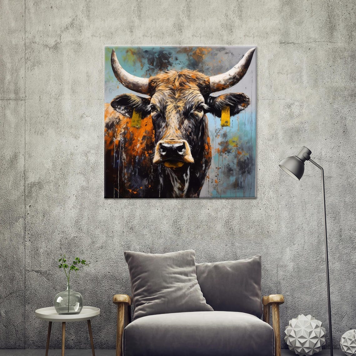 Longhorn Cow Abstract Portrait Rustic Ear Tags Farmhouse Wall Art