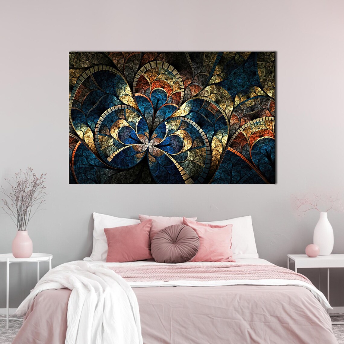 Golden Blue Fractal Flower Mandala Jewel Tone Abstract Poster