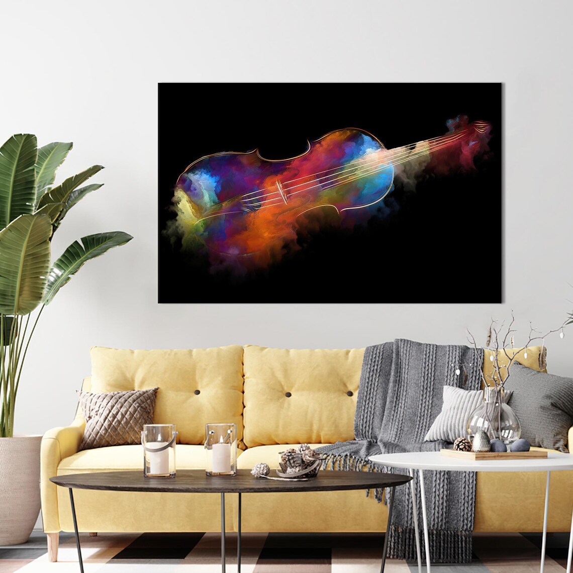 Colorful Violin Smoke Art Abstract Music Instrument Black Wall Art