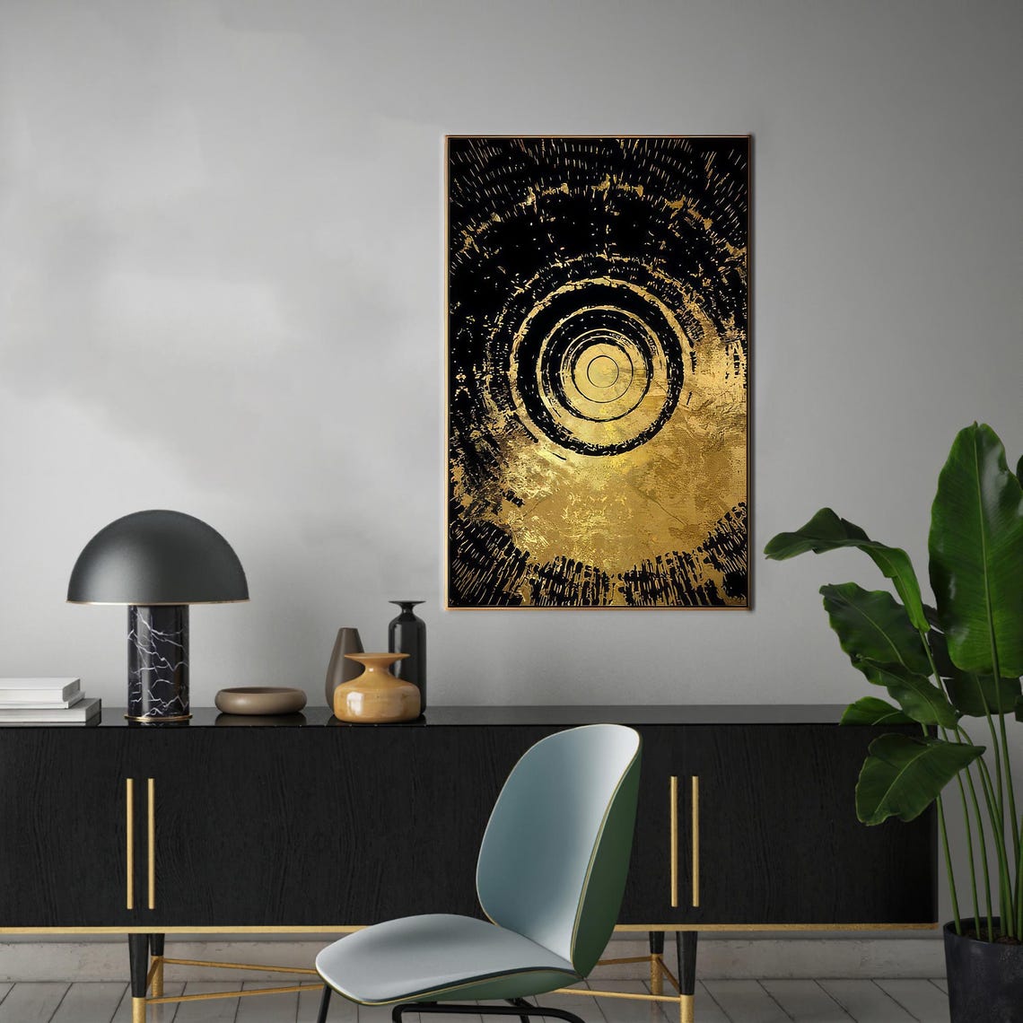 Black and Gold Concentric Circles Vortex Modern Abstract Poster