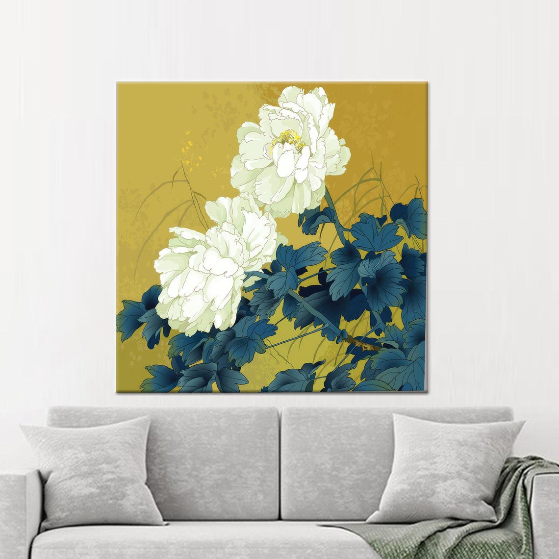 White Peonies With Blue Leaves On Gold Japanese Floral Wall Art