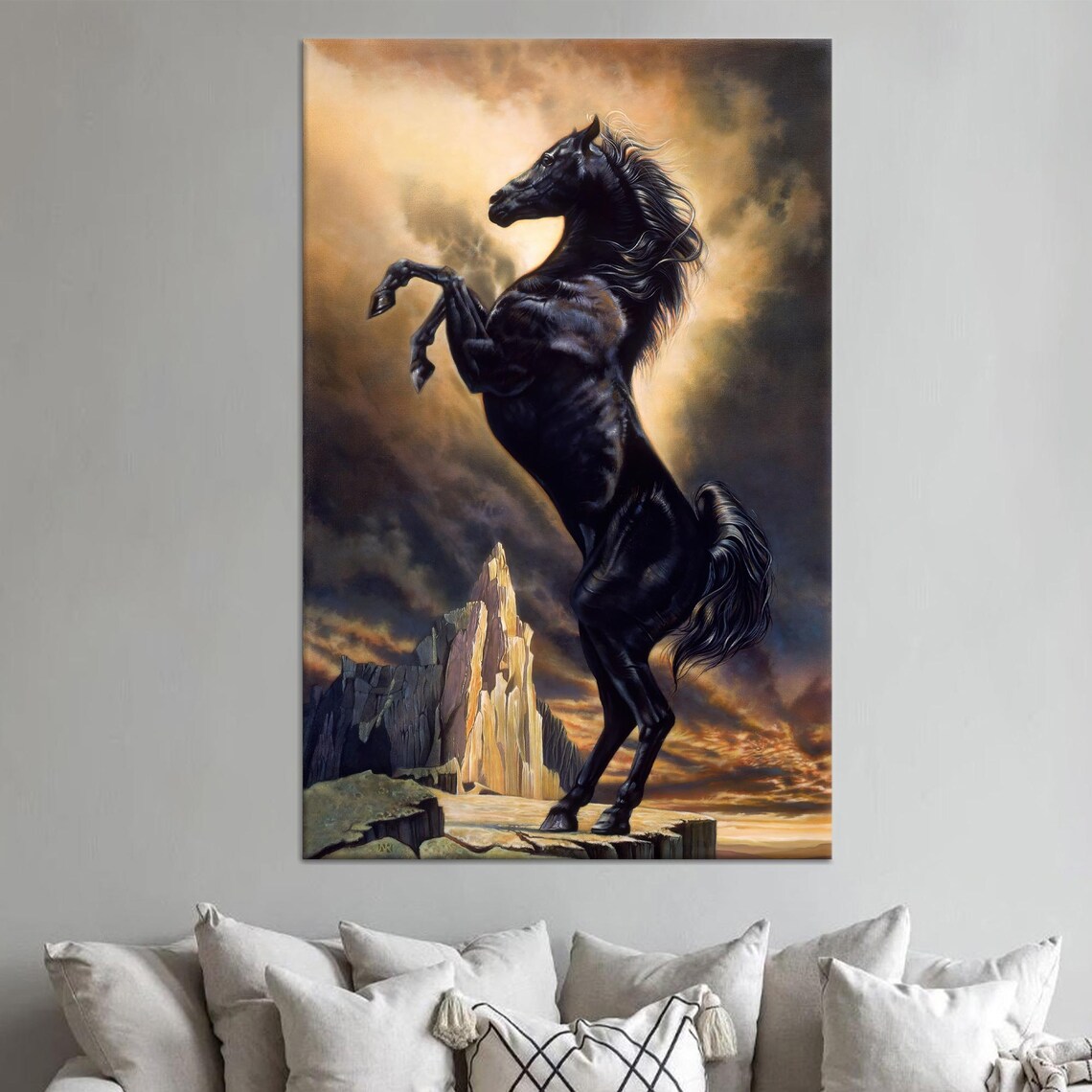 Black Stallion Rearing Stormy Sky Fantasy Horse Power Dramatic Art Poster