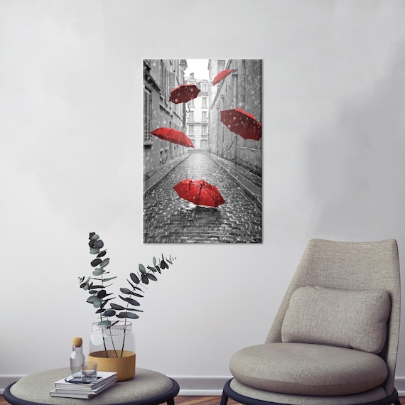 Red Umbrellas Floating Gray Rainy Street Selective Color Print