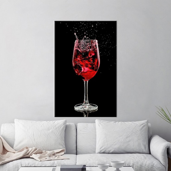 Red Wine Glass Splash on Black Background Dramatic Bar Wall Art