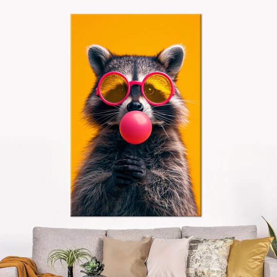 Raccoon Blowing Pink Bubble Gum Pink Sunglasses Funny Animal Poster